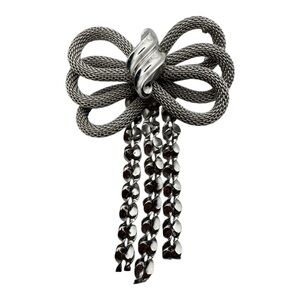 Vintage Silver-Tone Bow‎ Brooch with Chain Tassels – 2”